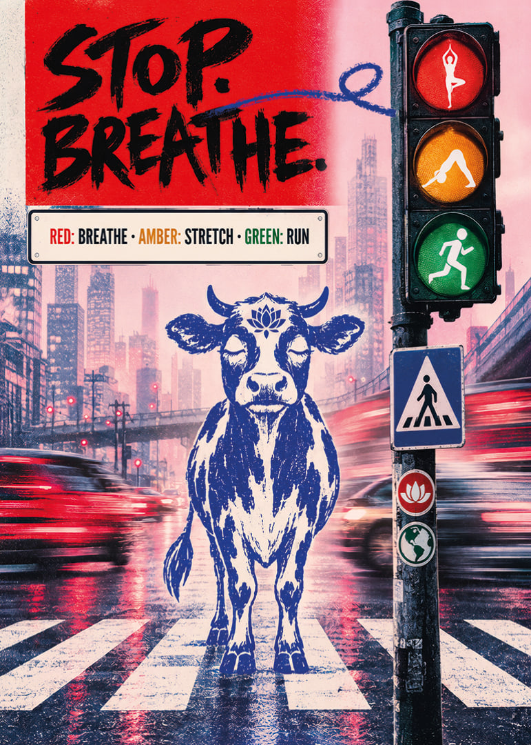 Graphic city poster with a calm bull, traffic lights and message of balance.-12