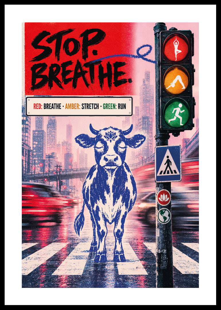 Graphic city poster with a calm bull, traffic lights and message of balance.-12