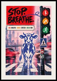Graphic city poster with a calm bull, traffic lights and message of balance.-2