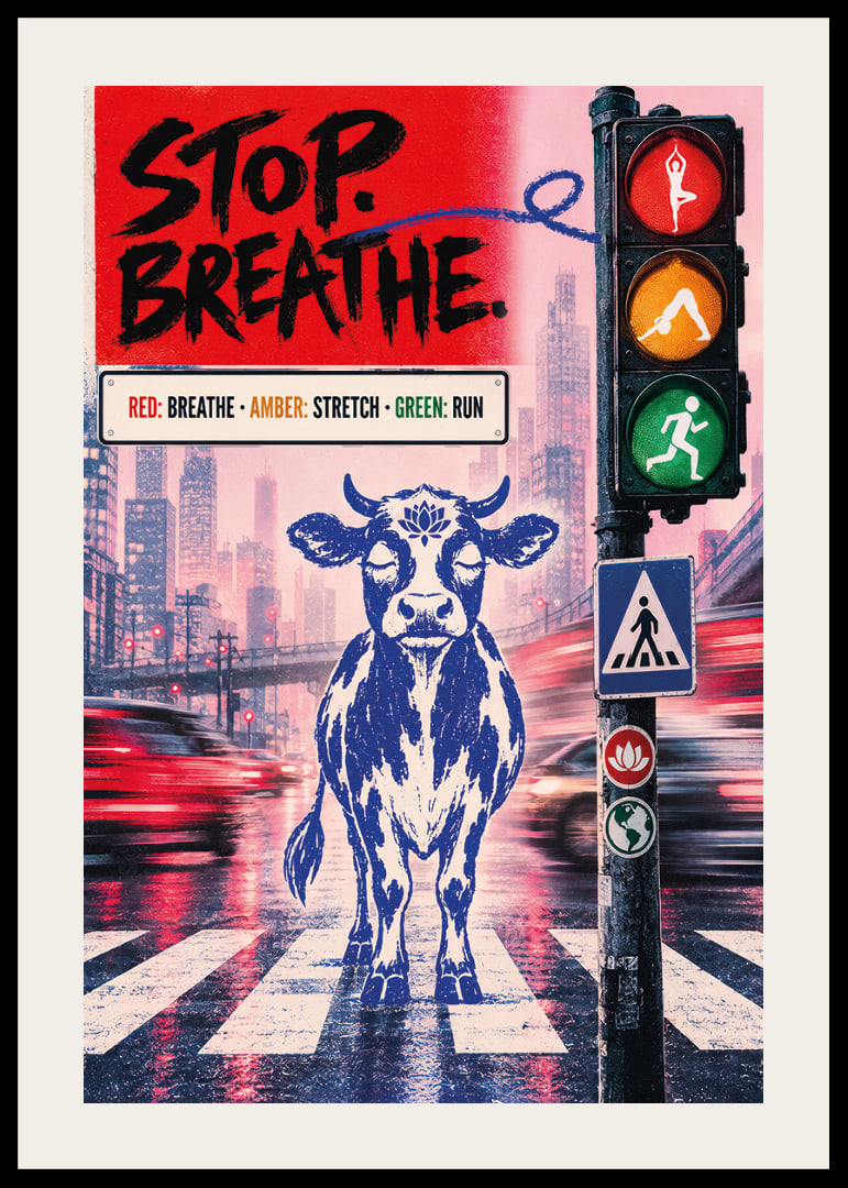 Graphic city poster with a calm bull, traffic lights and message of balance.-12