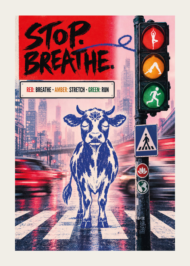 Graphic city poster with a calm bull, traffic lights and message of balance.-12