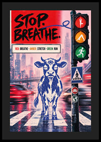 Graphic city poster with a calm bull, traffic lights and message of balance.-4