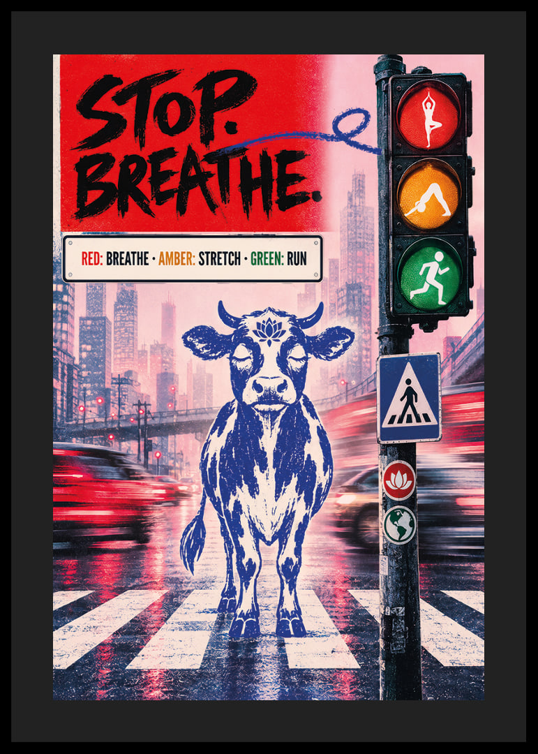 Graphic city poster with a calm bull, traffic lights and message of balance.-12