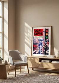 Graphic city poster with a calm bull, traffic lights and message of balance.-8