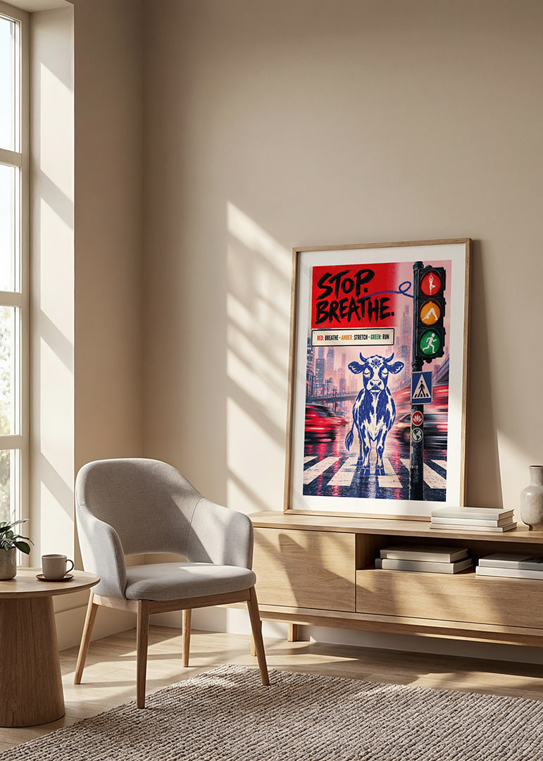 Graphic city poster with a calm bull, traffic lights and message of balance.-12