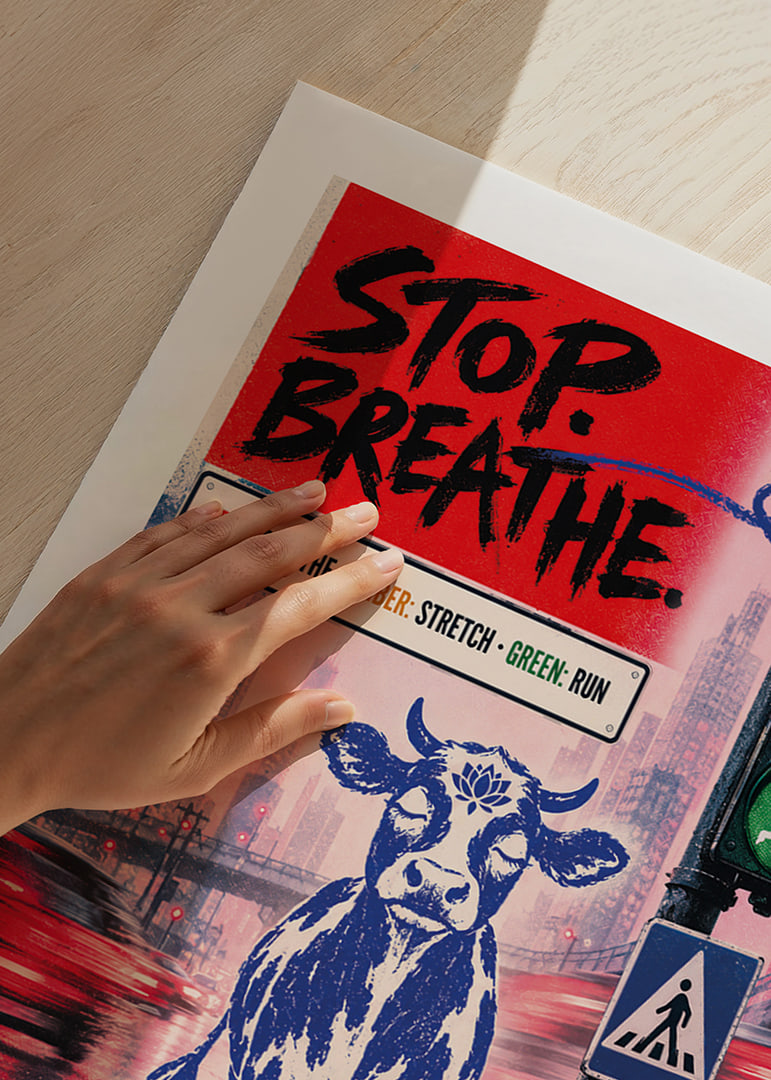 Graphic city poster with a calm bull, traffic lights and message of balance.-12