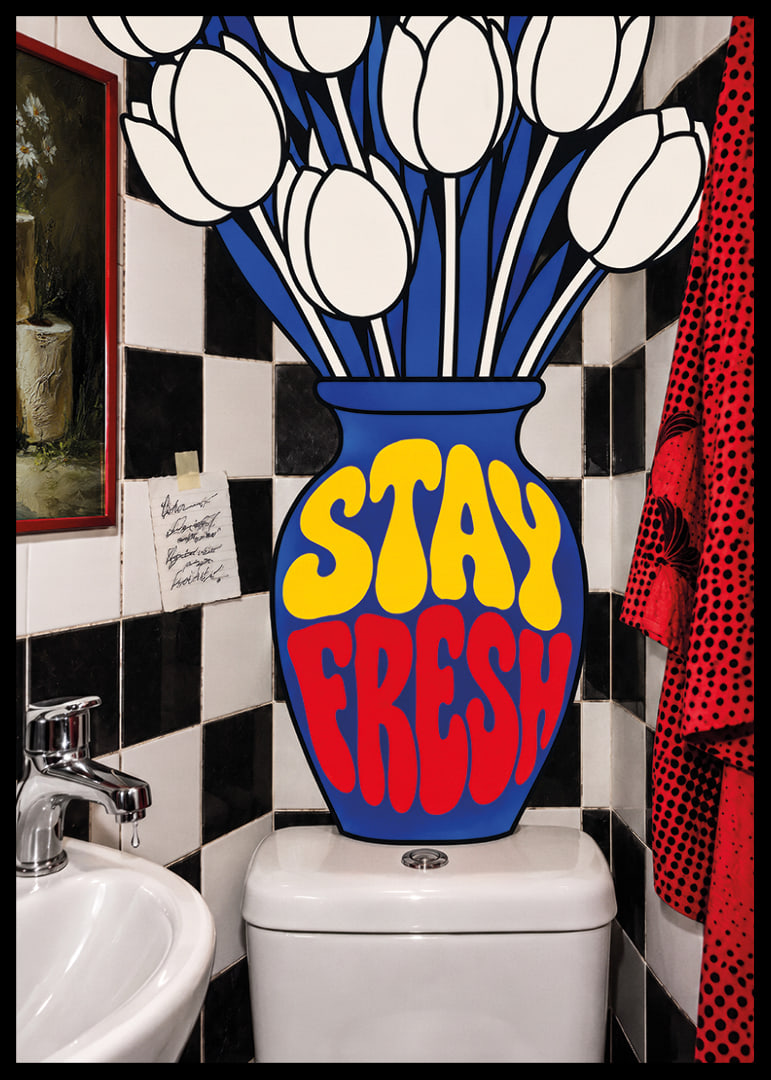 Graphic white tulips and playful typography in bright, energetic colors.-12