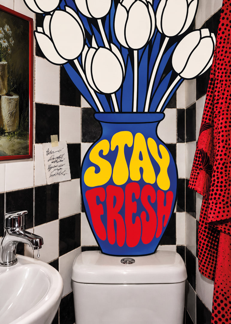 Graphic white tulips and playful typography in bright, energetic colors.-12
