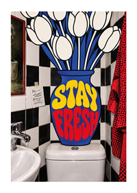 Graphic white tulips and playful typography in bright, energetic colors.-1