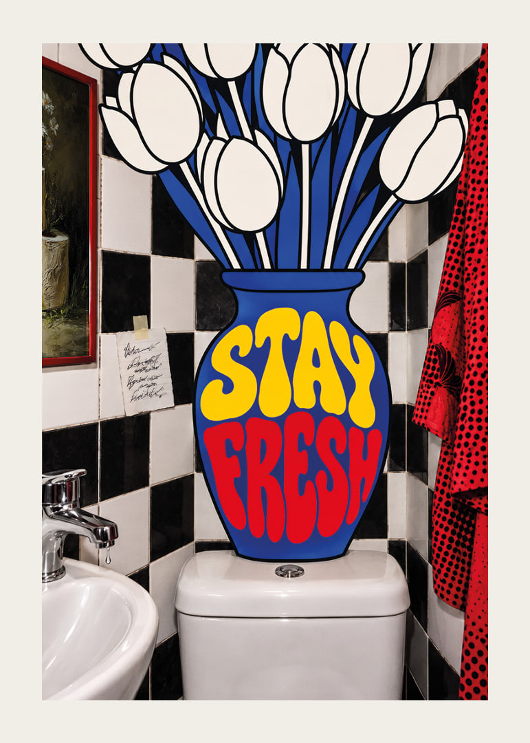 Graphic white tulips and playful typography in bright, energetic colors.-12