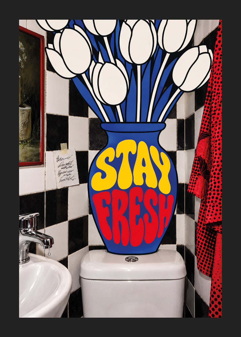 Graphic white tulips and playful typography in bright, energetic colors.-12