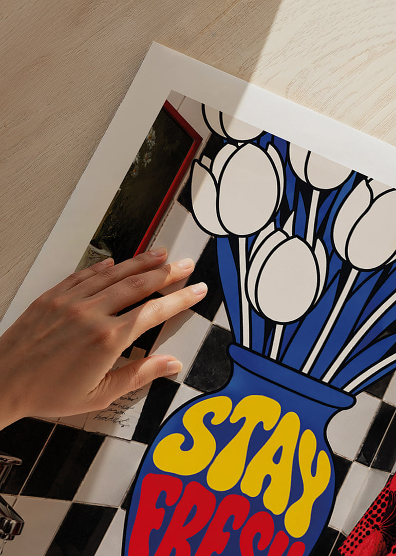 Graphic white tulips and playful typography in bright, energetic colors.-12