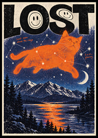 An orange cat floats among constellations over a dramatic mountain landscape.-0