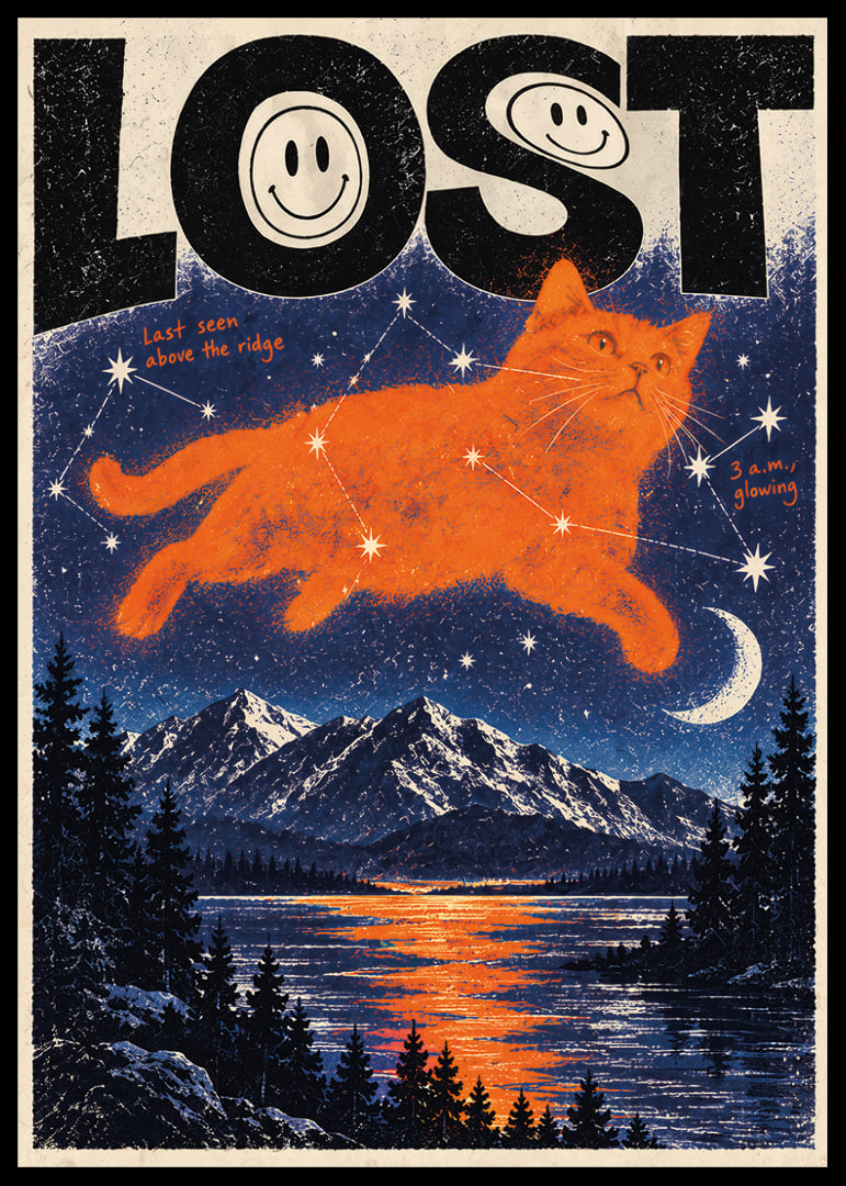 An orange cat floats among constellations over a dramatic mountain landscape.-12