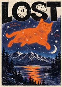 An orange cat floats among constellations over a dramatic mountain landscape.-1