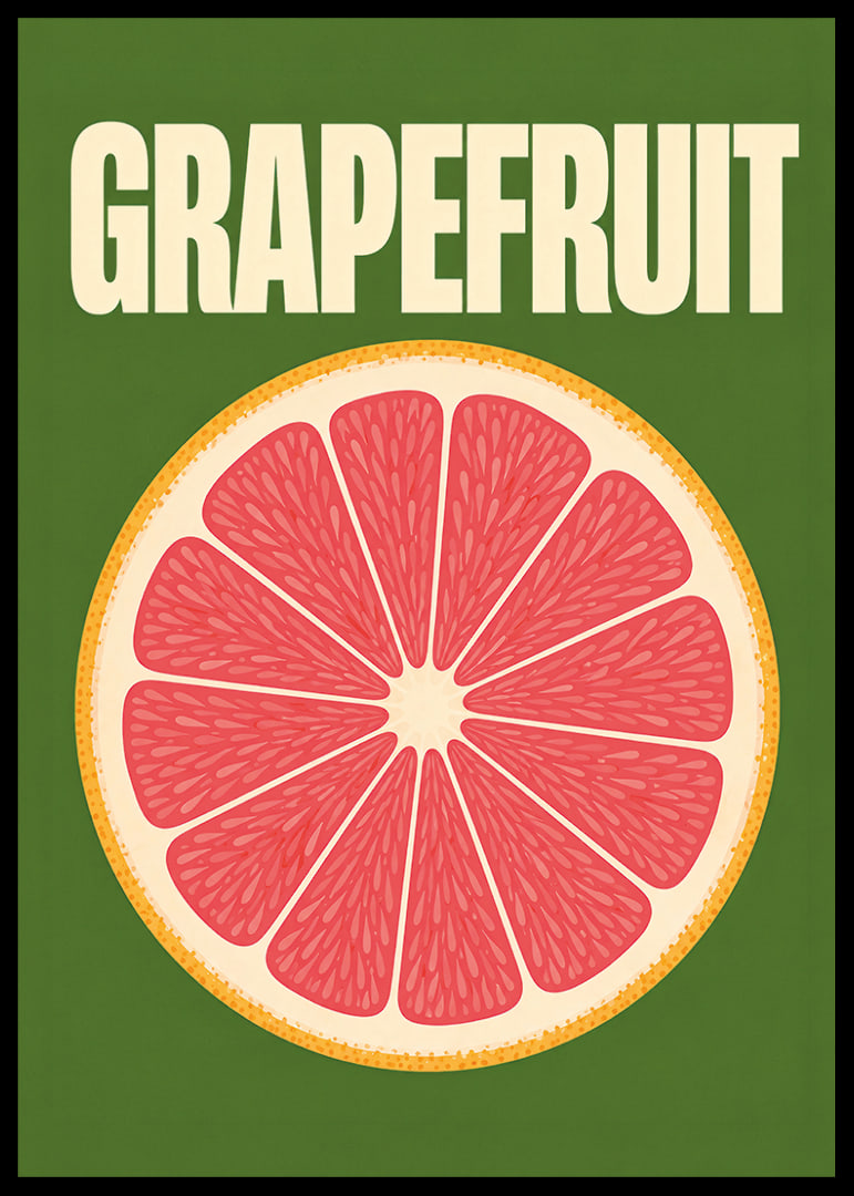 Grafische Darstellung einer Grapefruitscheibe in Rosa und Orange vor dunkelgrünem Hintergrund.-12