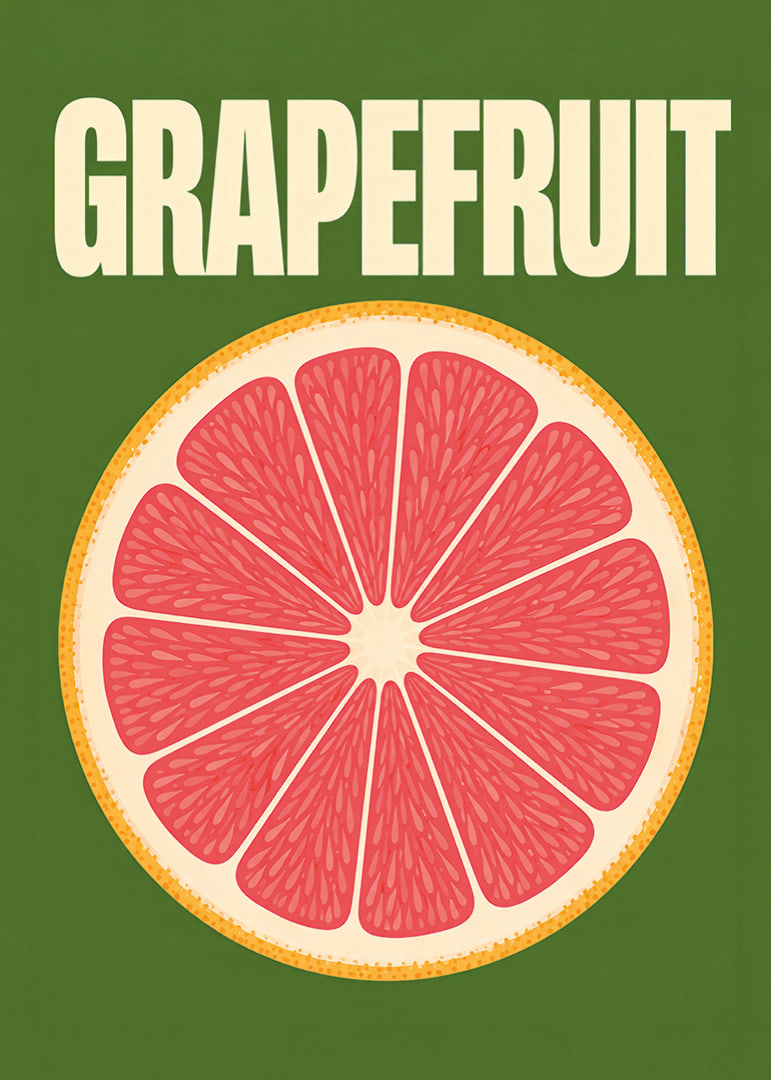 Grafische Darstellung einer Grapefruitscheibe in Rosa und Orange vor dunkelgrünem Hintergrund.-12