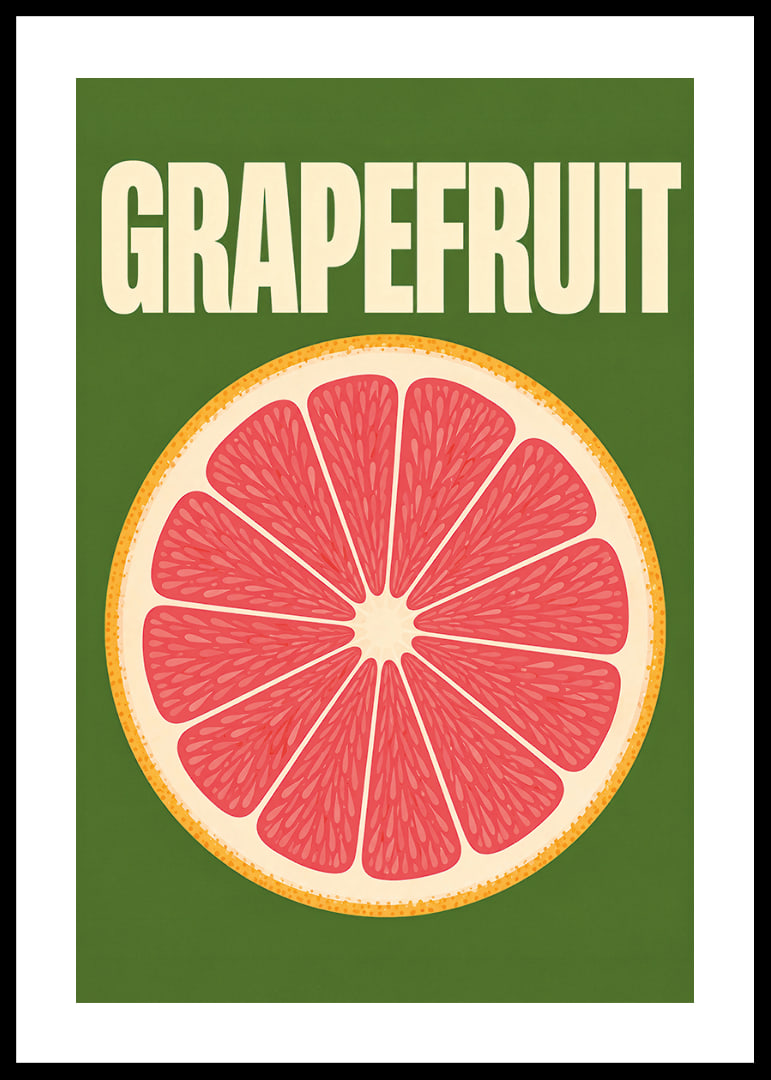 Grafische Darstellung einer Grapefruitscheibe in Rosa und Orange vor dunkelgrünem Hintergrund.-12