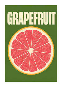 Grafische Darstellung einer Grapefruitscheibe in Rosa und Orange vor dunkelgrünem Hintergrund.-1