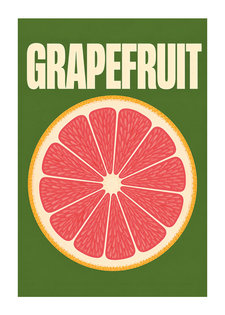 Grafische Darstellung einer Grapefruitscheibe in Rosa und Orange vor dunkelgrünem Hintergrund.-12