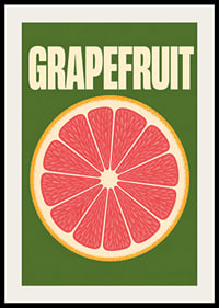 Grafische Darstellung einer Grapefruitscheibe in Rosa und Orange vor dunkelgrünem Hintergrund.-2