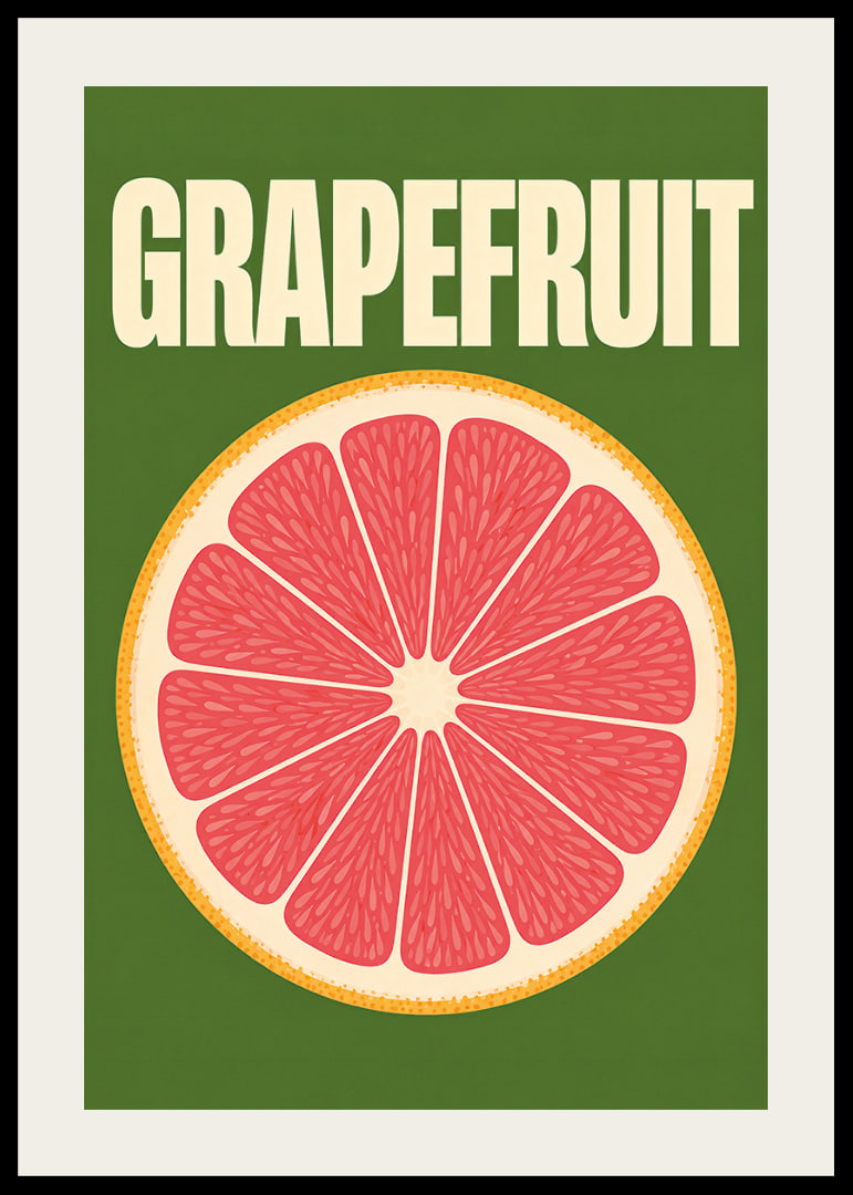 Grafische Darstellung einer Grapefruitscheibe in Rosa und Orange vor dunkelgrünem Hintergrund.-12