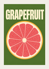 Grafische Darstellung einer Grapefruitscheibe in Rosa und Orange vor dunkelgrünem Hintergrund.-3