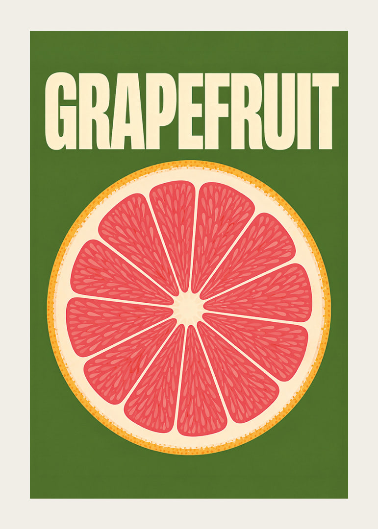 Grafische Darstellung einer Grapefruitscheibe in Rosa und Orange vor dunkelgrünem Hintergrund.-12