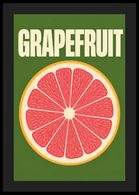 Grafische Darstellung einer Grapefruitscheibe in Rosa und Orange vor dunkelgrünem Hintergrund.-4