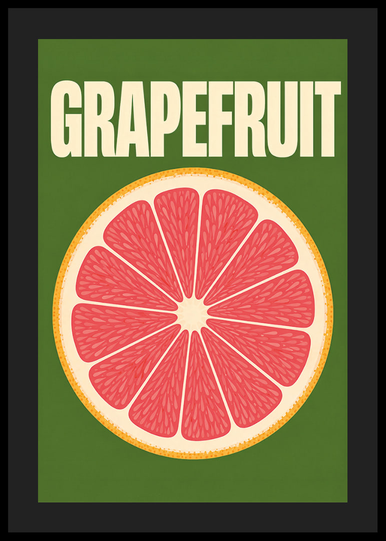 Grafische Darstellung einer Grapefruitscheibe in Rosa und Orange vor dunkelgrünem Hintergrund.-12