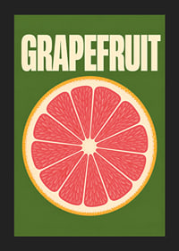 Grafische Darstellung einer Grapefruitscheibe in Rosa und Orange vor dunkelgrünem Hintergrund.-5