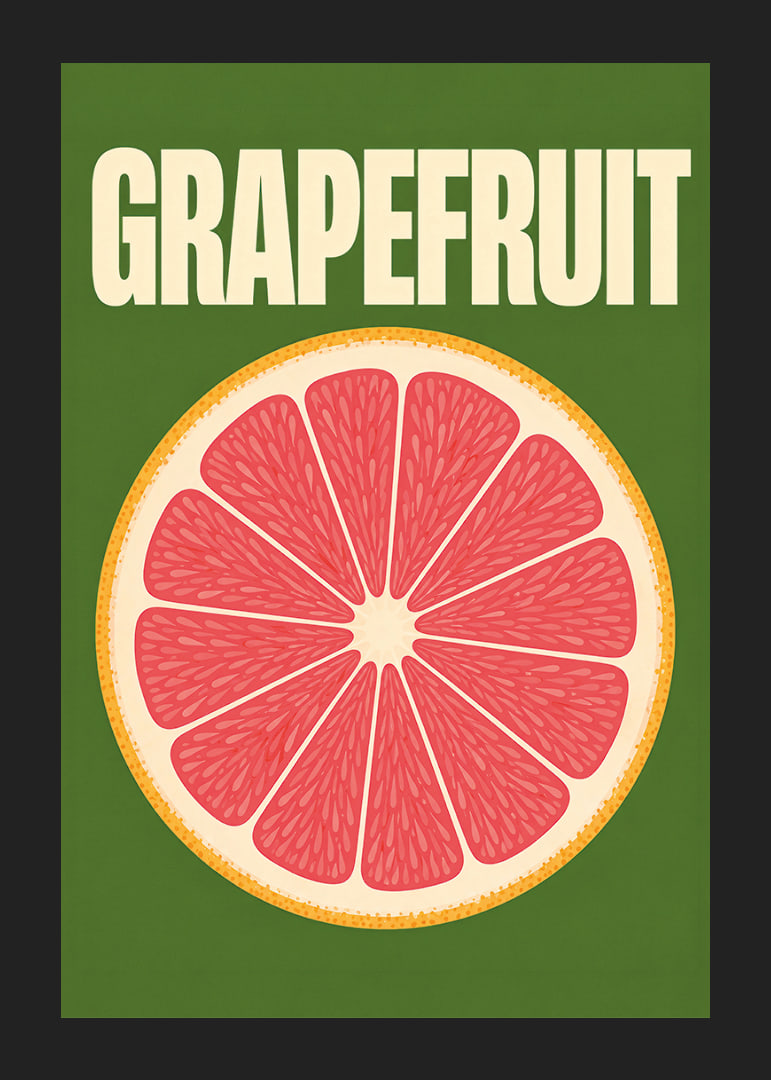 Grafische Darstellung einer Grapefruitscheibe in Rosa und Orange vor dunkelgrünem Hintergrund.-12