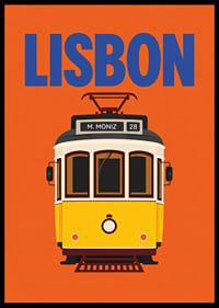 Farbenfrohes Plakat mit der klassischen gelben Straßenbahn Lissabons vor orangefarbenem Hintergrund.-6