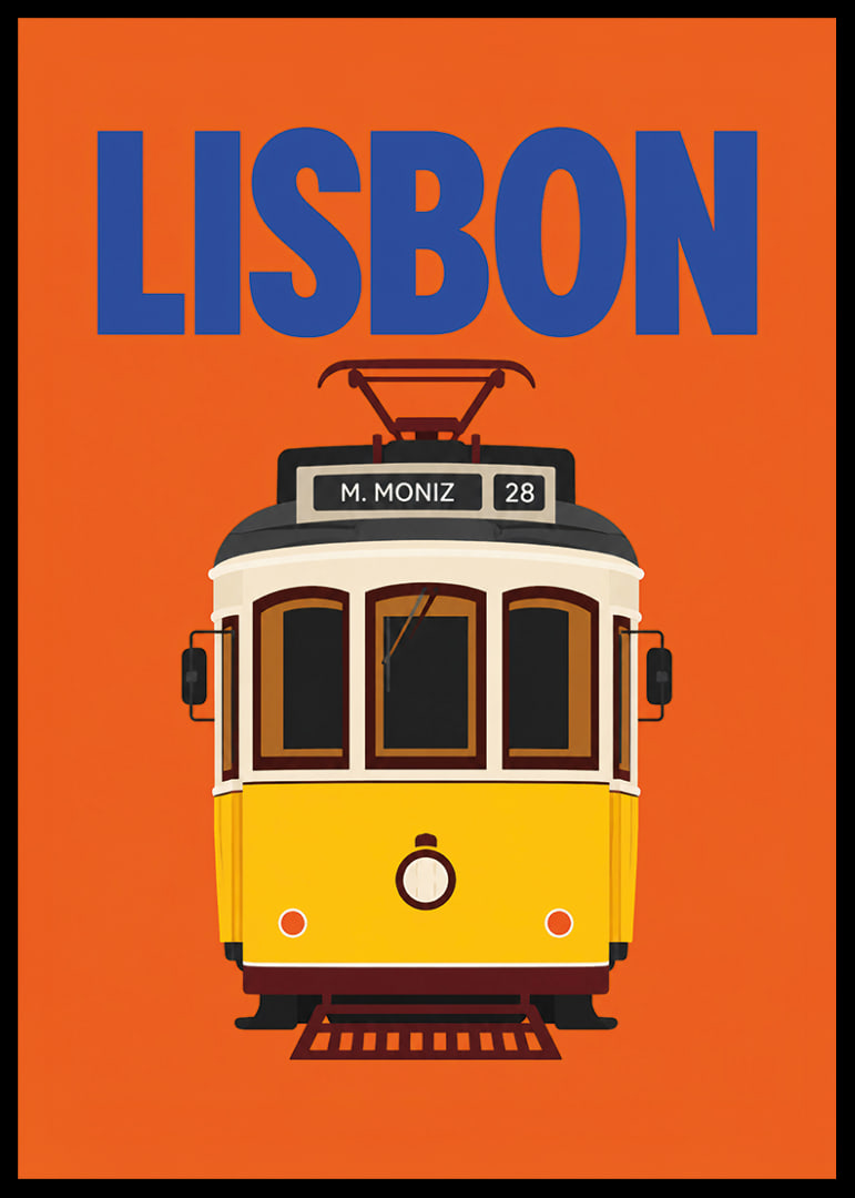 Farbenfrohes Plakat mit der klassischen gelben Straßenbahn Lissabons vor orangefarbenem Hintergrund.-12