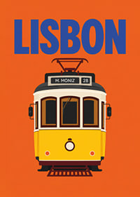 Farbenfrohes Plakat mit der klassischen gelben Straßenbahn Lissabons vor orangefarbenem Hintergrund.-7
