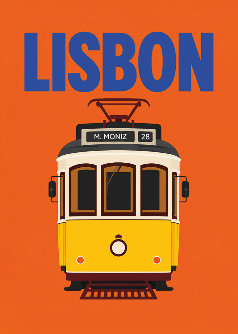 Farbenfrohes Plakat mit der klassischen gelben Straßenbahn Lissabons vor orangefarbenem Hintergrund.-12