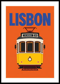 Farbenfrohes Plakat mit der klassischen gelben Straßenbahn Lissabons vor orangefarbenem Hintergrund.-0