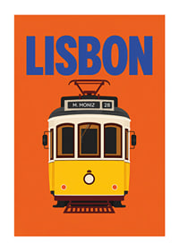 Farbenfrohes Plakat mit der klassischen gelben Straßenbahn Lissabons vor orangefarbenem Hintergrund.-1