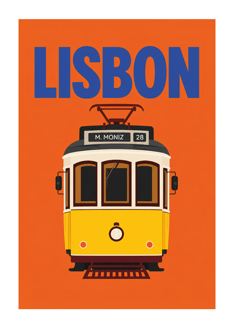 Farbenfrohes Plakat mit der klassischen gelben Straßenbahn Lissabons vor orangefarbenem Hintergrund.-12