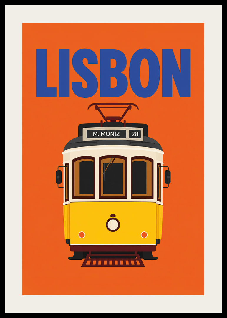 Farbenfrohes Plakat mit der klassischen gelben Straßenbahn Lissabons vor orangefarbenem Hintergrund.-12