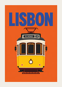 Farbenfrohes Plakat mit der klassischen gelben Straßenbahn Lissabons vor orangefarbenem Hintergrund.-3