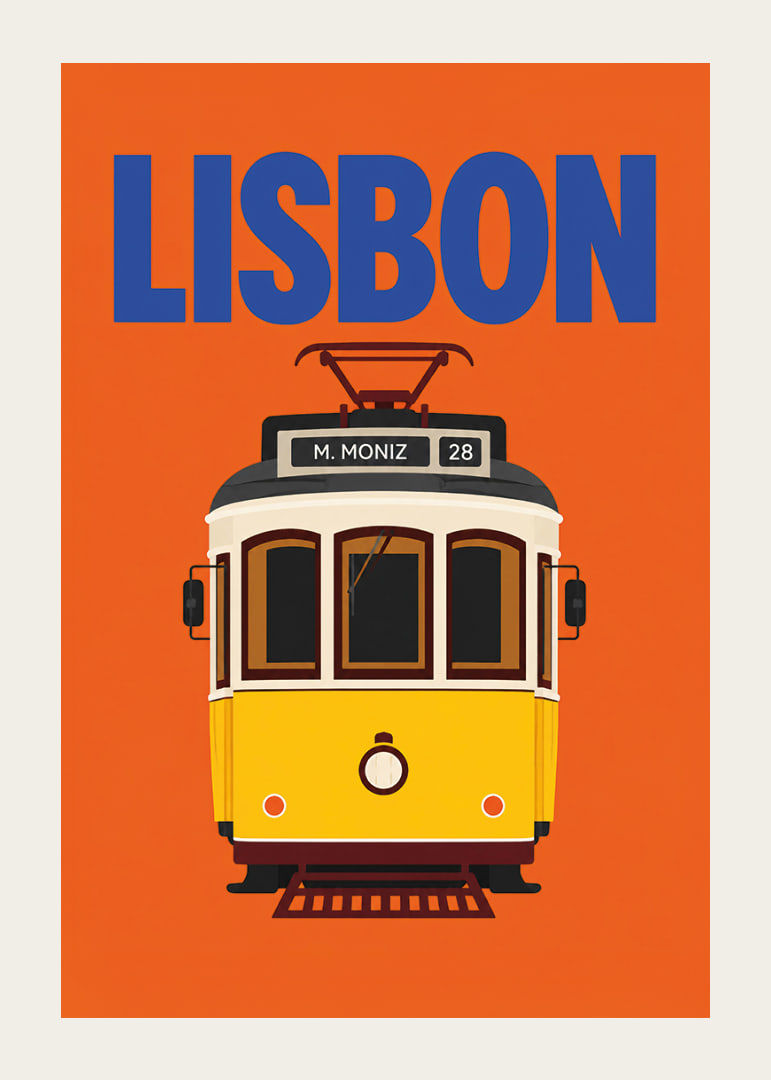 Farbenfrohes Plakat mit der klassischen gelben Straßenbahn Lissabons vor orangefarbenem Hintergrund.-12