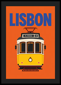 Farbenfrohes Plakat mit der klassischen gelben Straßenbahn Lissabons vor orangefarbenem Hintergrund.-4