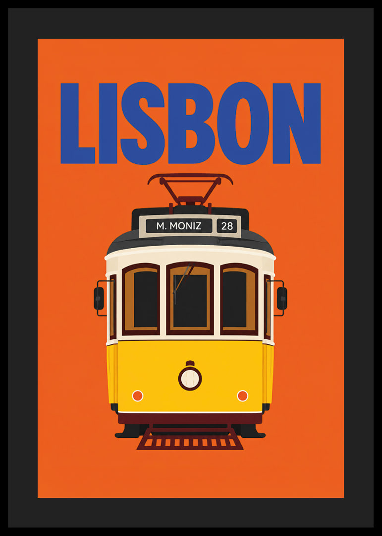 Farbenfrohes Plakat mit der klassischen gelben Straßenbahn Lissabons vor orangefarbenem Hintergrund.-12