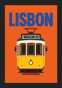 Farbenfrohes Plakat mit der klassischen gelben Straßenbahn Lissabons vor orangefarbenem Hintergrund.-5