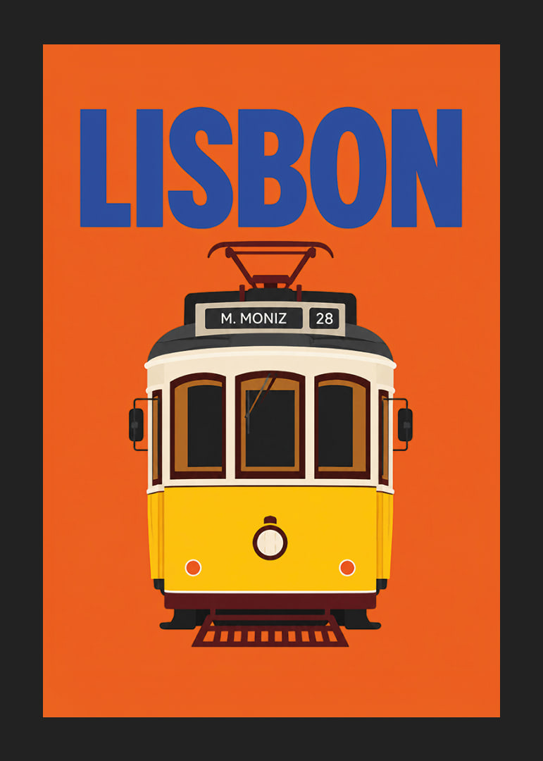 Farbenfrohes Plakat mit der klassischen gelben Straßenbahn Lissabons vor orangefarbenem Hintergrund.-12