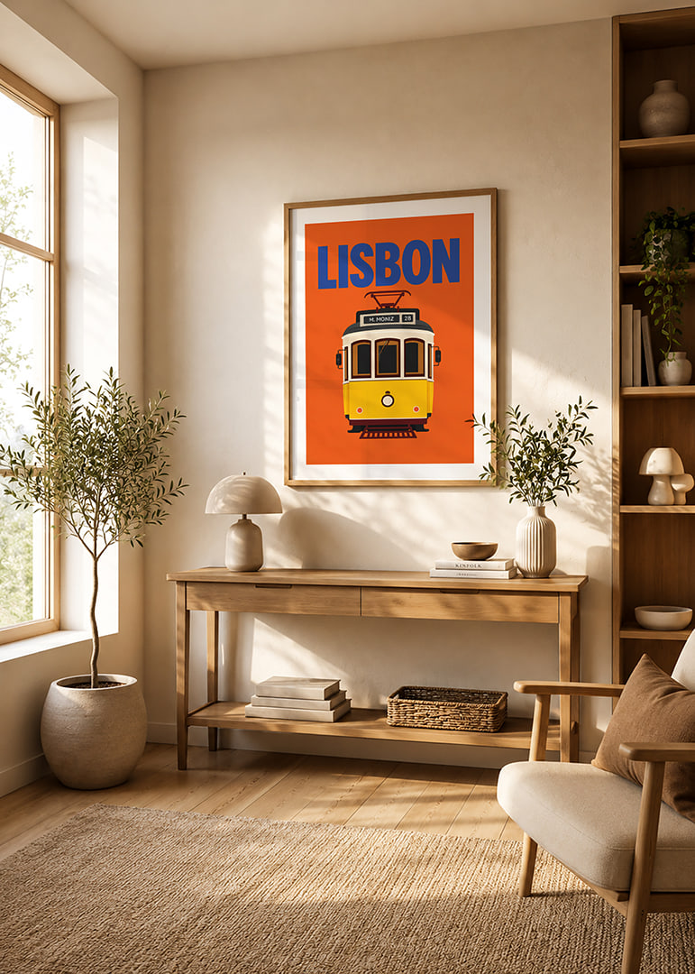 Farbenfrohes Plakat mit der klassischen gelben Straßenbahn Lissabons vor orangefarbenem Hintergrund.-12