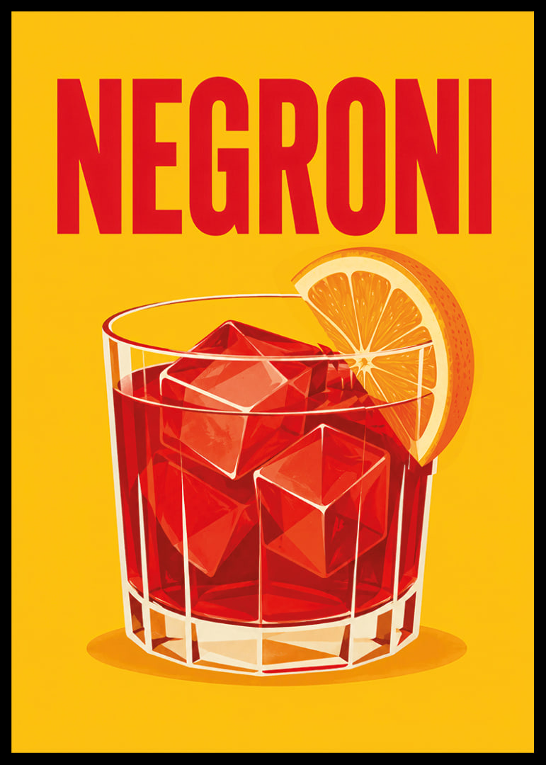 Ein roter Negroni mit einer Orangenscheibe in einem warmen, grafischen Retro-Stil.-12