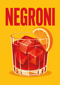 Ein roter Negroni mit einer Orangenscheibe in einem warmen, grafischen Retro-Stil.-7