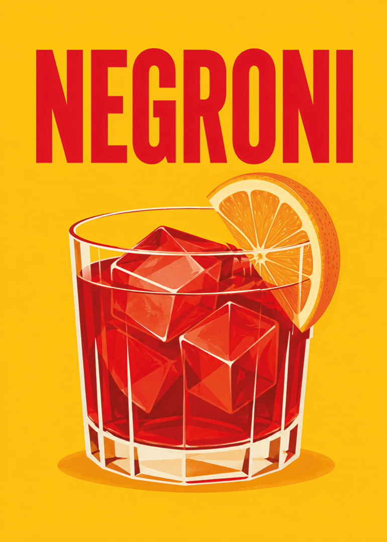 Ein roter Negroni mit einer Orangenscheibe in einem warmen, grafischen Retro-Stil.-12